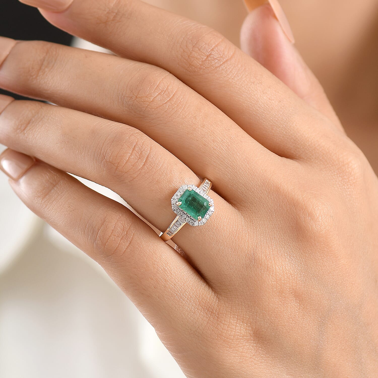 9K Yellow Gold AAA Zambian Emerald & White Diamond Halo Ring 1.87 Ct.