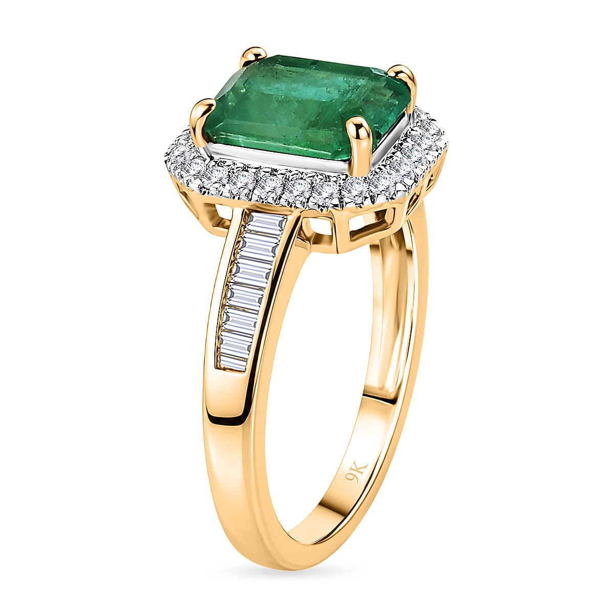 9K Yellow Gold AAA Zambian Emerald & White Diamond Halo Ring 1.87 Ct.
