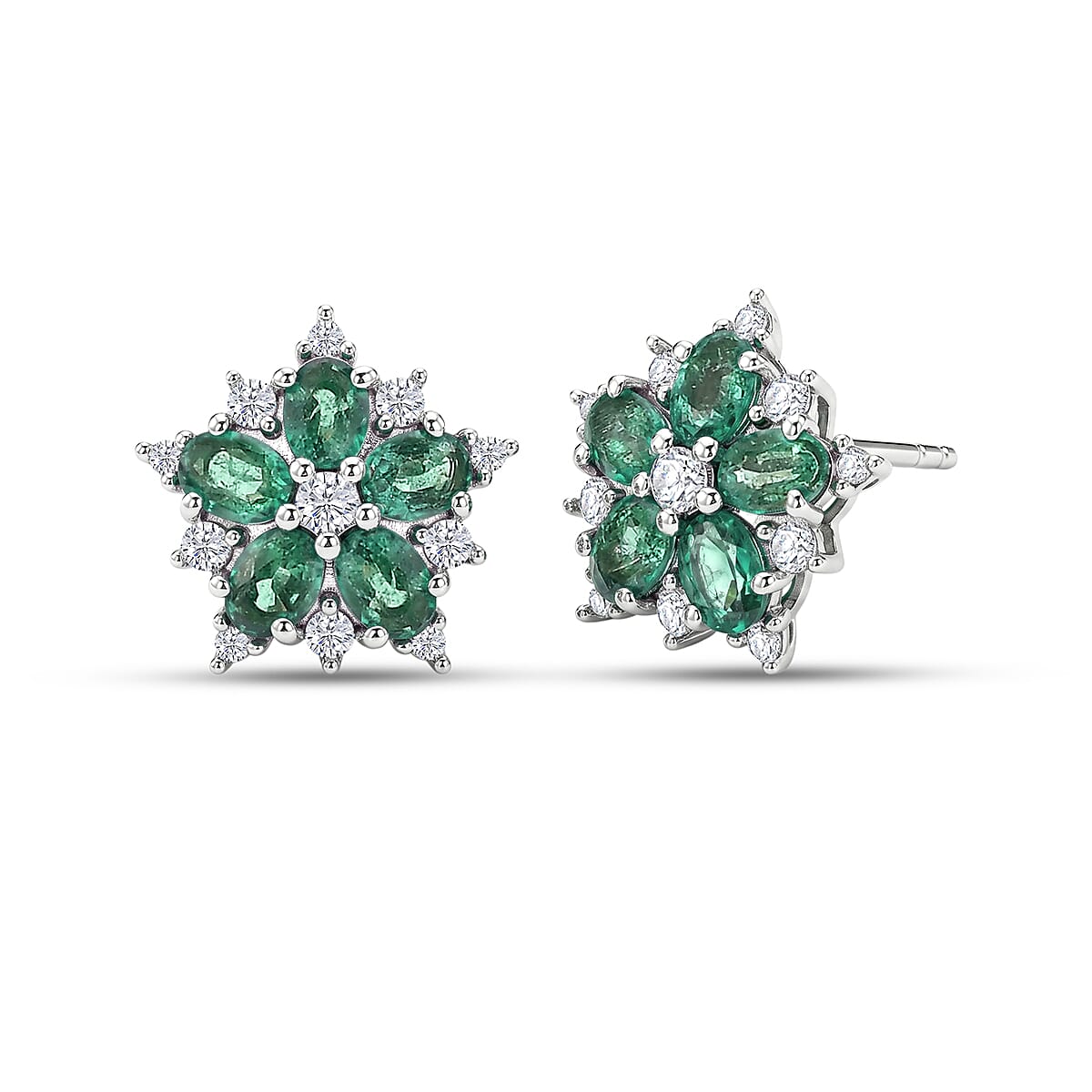 Luxuriant - AAA Zambian Emerald & Lab Grown Diamond (SI-G-H) Cluster Earring with Push Post in Rhodium Overlay Sterling Silver 1.90 Ct.