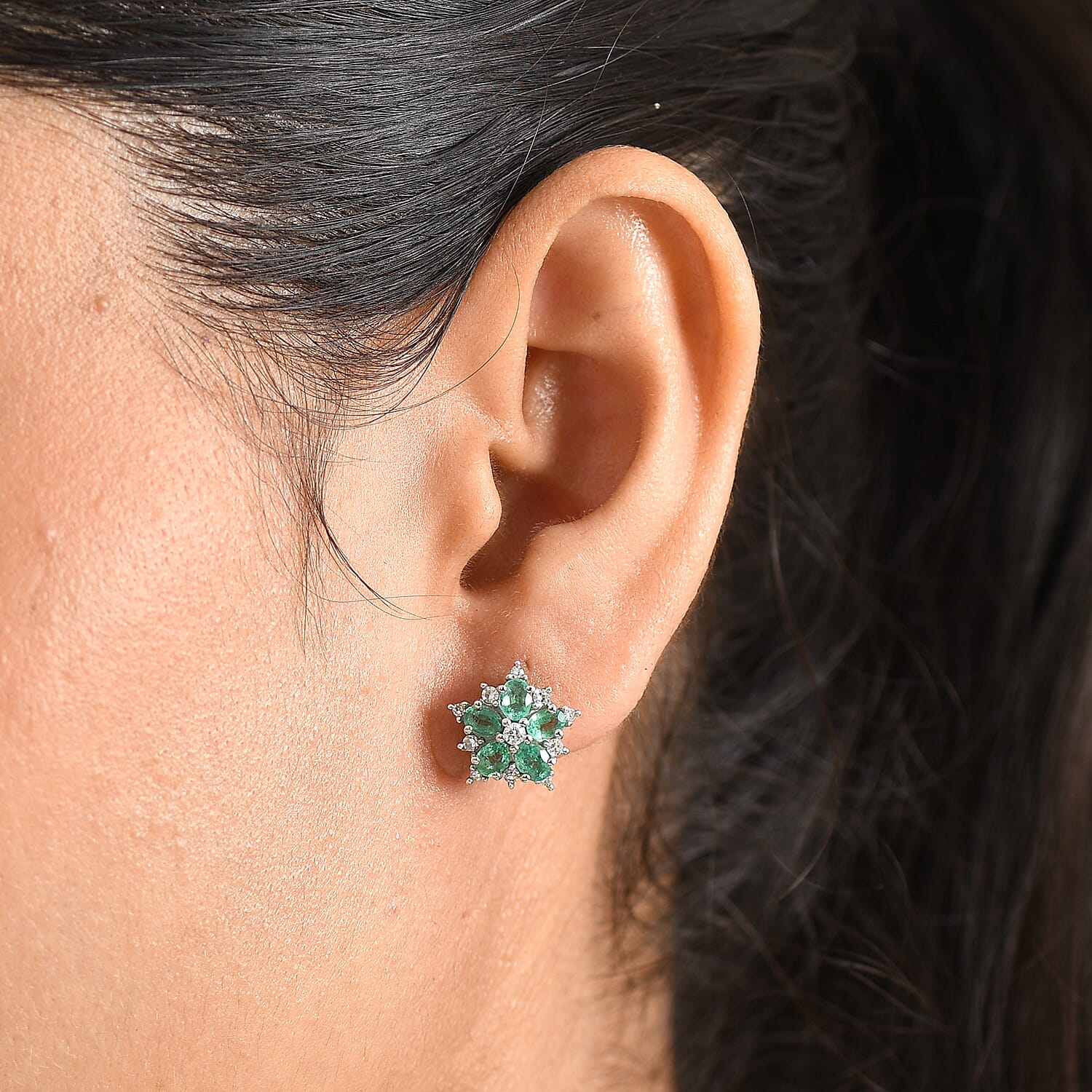 Luxuriant - AAA Zambian Emerald & Lab Grown Diamond (SI-G-H) Cluster Earring with Push Post in Rhodium Overlay Sterling Silver 1.90 Ct.