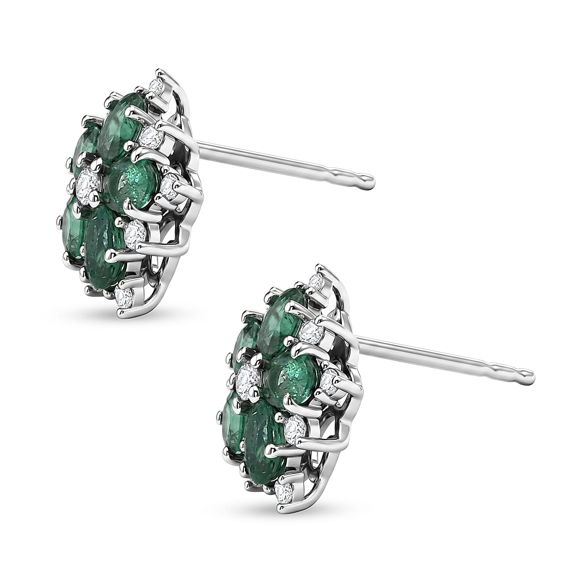 Luxuriant - AAA Zambian Emerald & Lab Grown Diamond (SI-G-H) Cluster Earring with Push Post in Rhodium Overlay Sterling Silver 1.90 Ct.