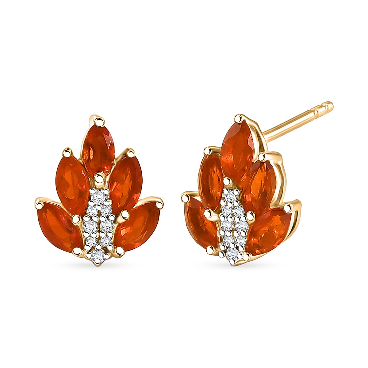 D'Joy - AAA Fire Opal & White Zircon Cluster Earring with Push Post in Yellow Gold Plated Sterling Silver 1.10 Ct.