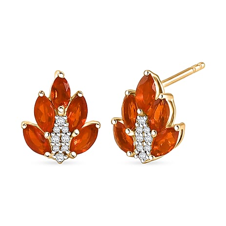 D'Joy - AAA Fire Opal & White Zircon Cluster Earring with Push Post in Yellow Gold Plated Sterling Silver 1.10 Ct.