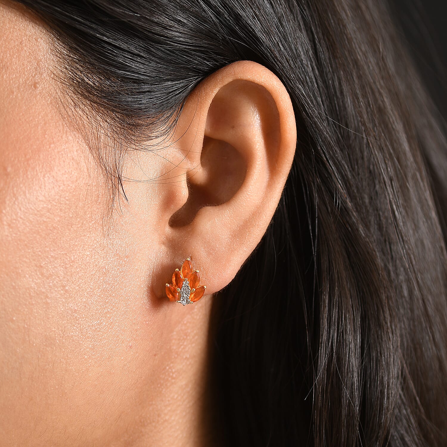 D'Joy - AAA Fire Opal & White Zircon Cluster Earring with Push Post in Yellow Gold Plated Sterling Silver 1.10 Ct.