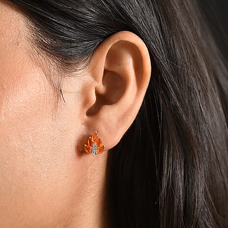 D'Joy - AAA Fire Opal & White Zircon Cluster Earring with Push Post in Yellow Gold Plated Sterling Silver 1.10 Ct.