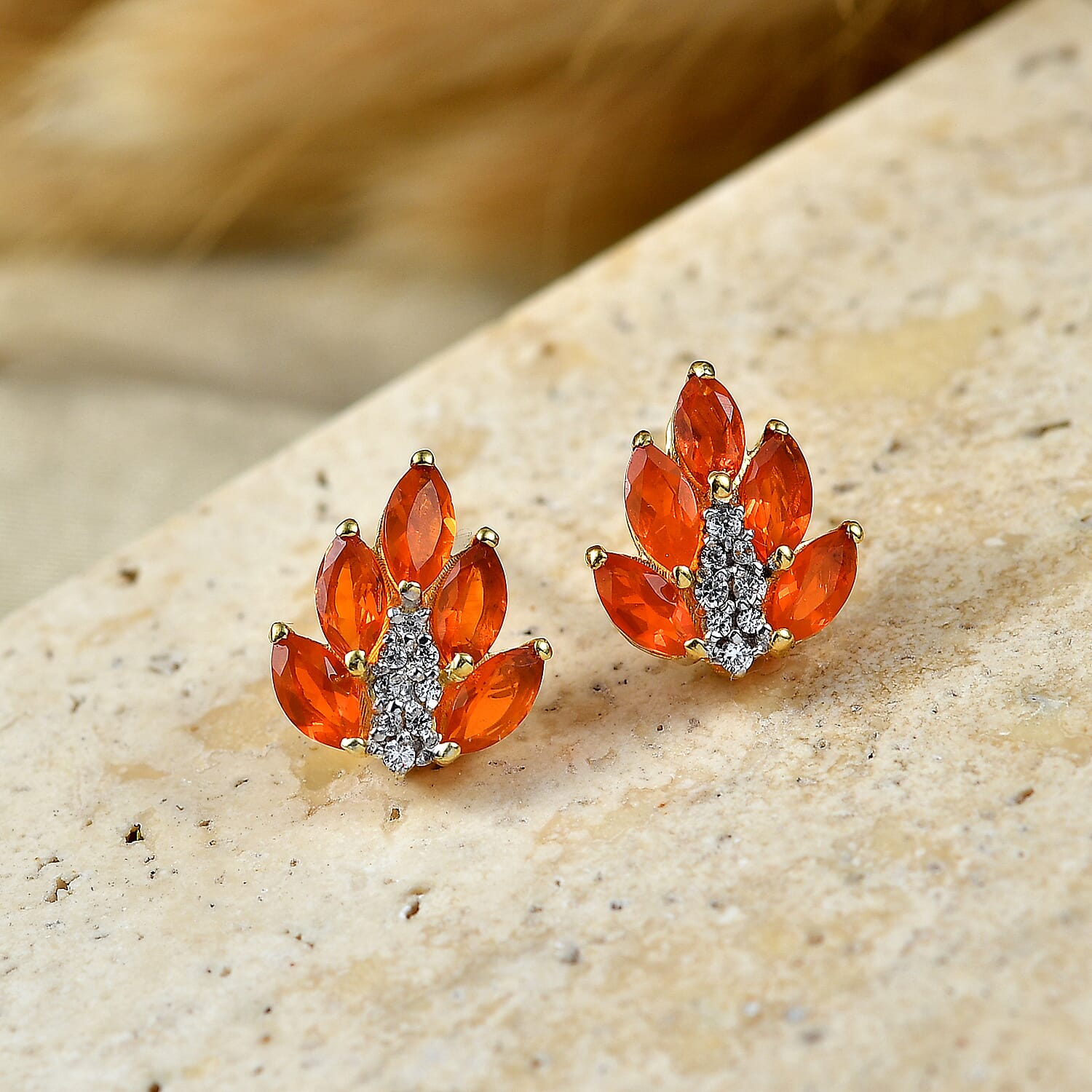 D'Joy - AAA Fire Opal & White Zircon Cluster Earring with Push Post in Yellow Gold Plated Sterling Silver 1.10 Ct.
