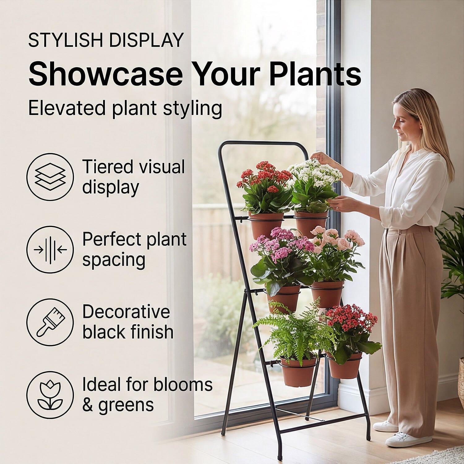 6-Circle Metal Plant Rack - 80cm Tall Black Tiered Garden Stand