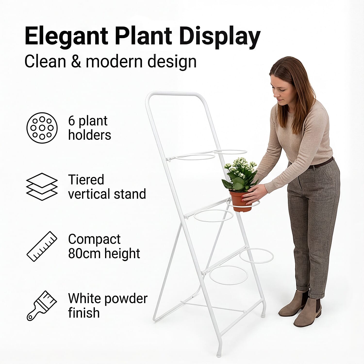 6-Circle Metal Plant Rack - 80cm Tall White Tiered Garden Stand
