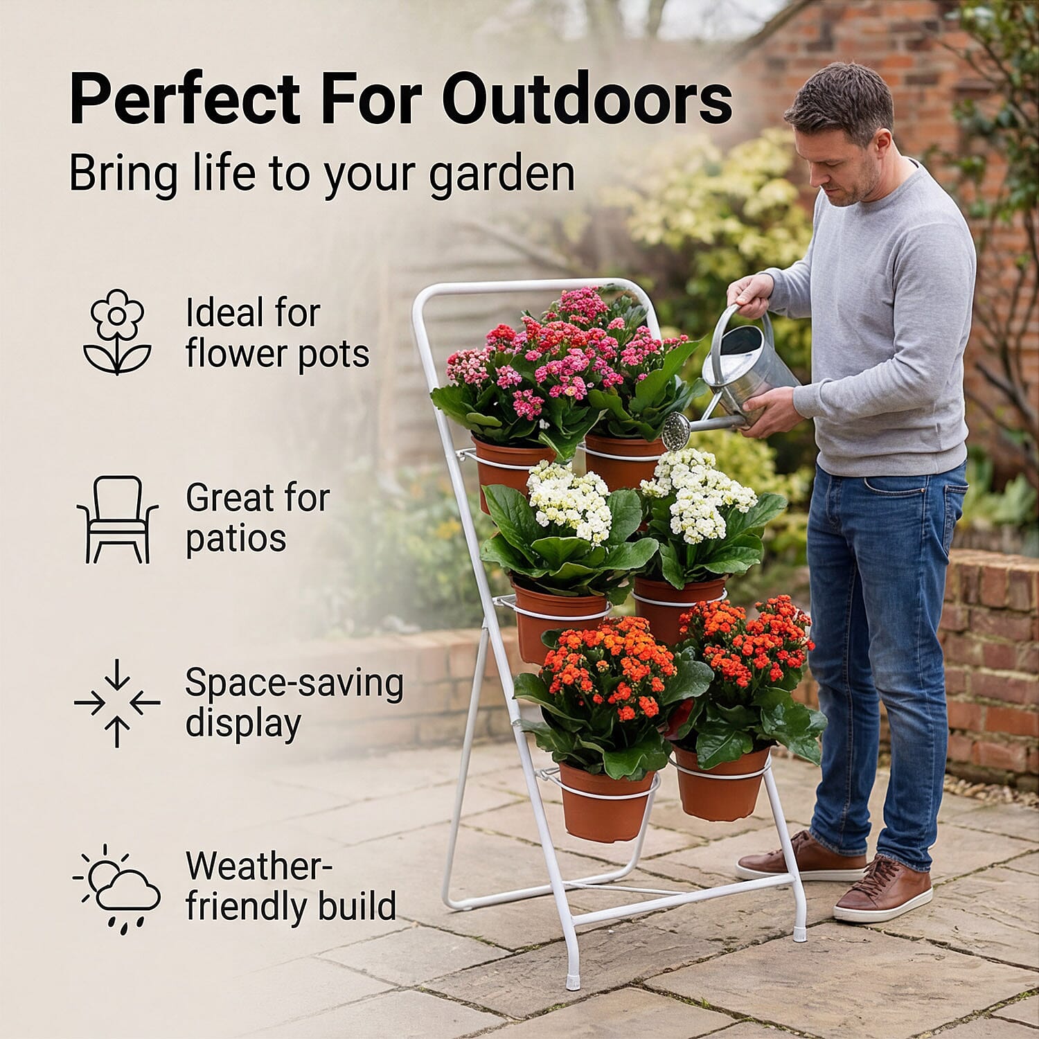 6-Circle Metal Plant Rack - 80cm Tall White Tiered Garden Stand
