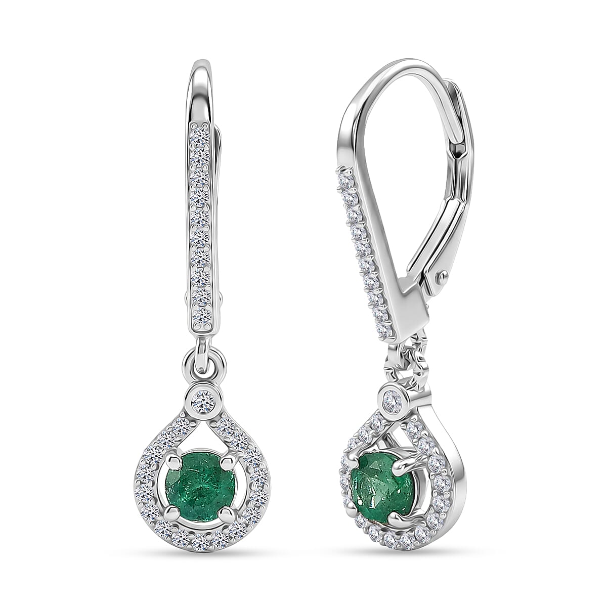 D'Joy - Zambian Emerald & White Zircon Dangling Earring with Lever Back in Rhodium Overlay Sterling Silver