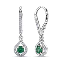 D'Joy - Premium Zambian Emerald & White Zircon Dangling Earring with Lever Back in Rhodium Overlay Sterling Silver