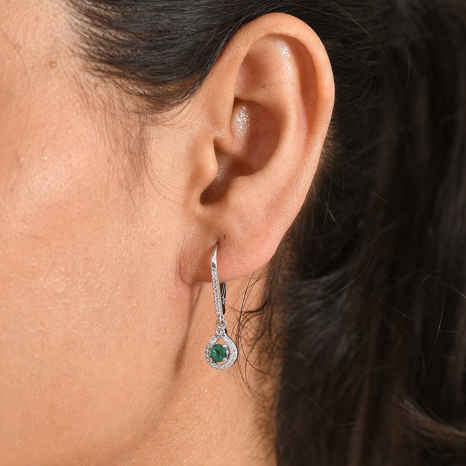 D'Joy - Zambian Emerald & White Zircon Dangling Earring with Lever Back in Rhodium Overlay Sterling Silver
