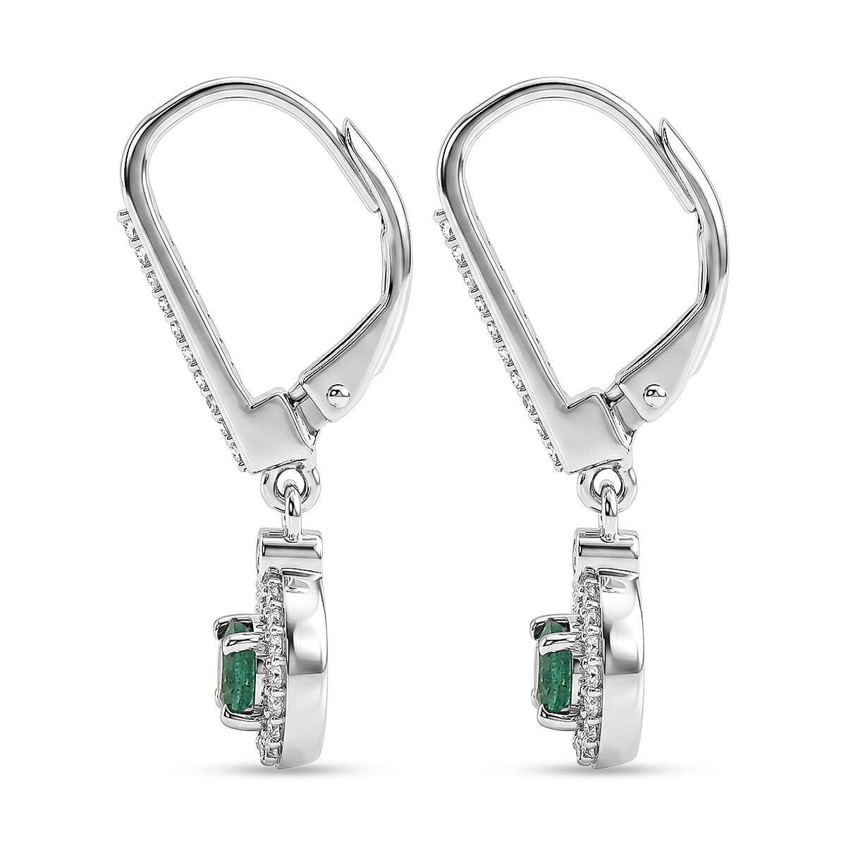 D'Joy - Zambian Emerald & White Zircon Dangling Earring with Lever Back in Rhodium Overlay Sterling Silver