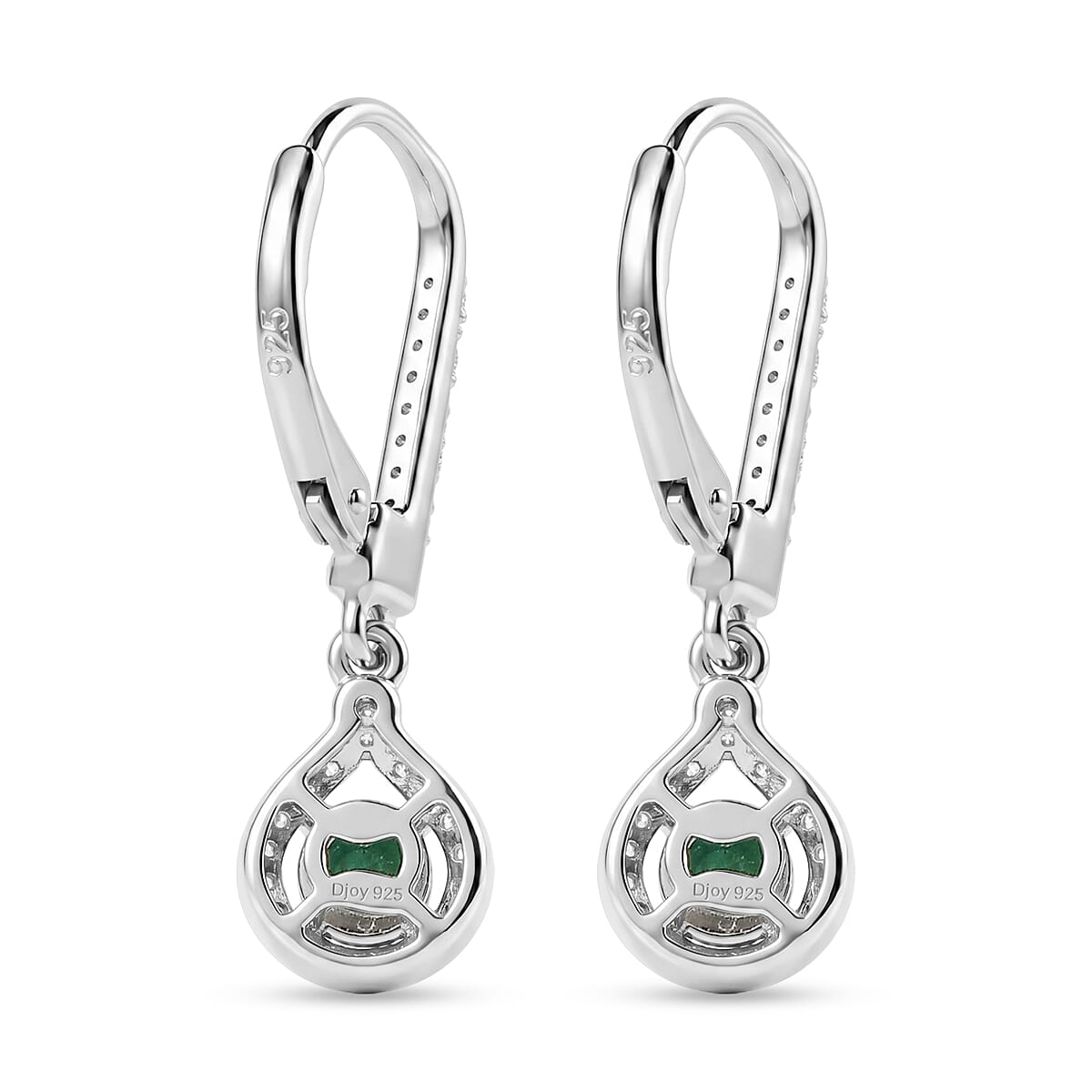 D'Joy - Zambian Emerald & White Zircon Dangling Earring with Lever Back in Rhodium Overlay Sterling Silver