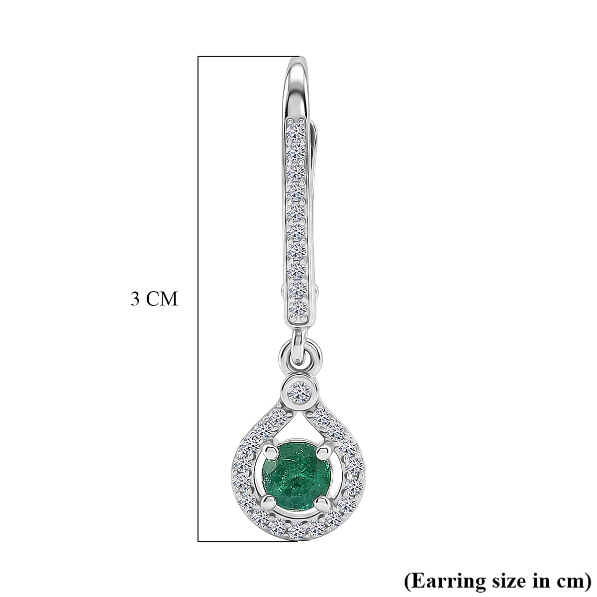 D'Joy - Zambian Emerald & White Zircon Dangling Earring with Lever Back in Rhodium Overlay Sterling Silver