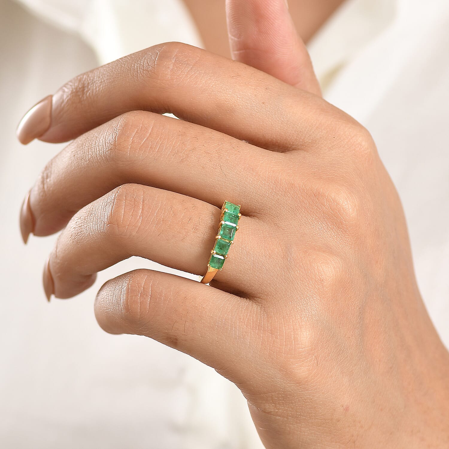 D'Joy - Zambian Emerald 5 Stone Ring in 18K Vermeil Yellow Gold Plated Sterling Silver 1.16 Ct.
