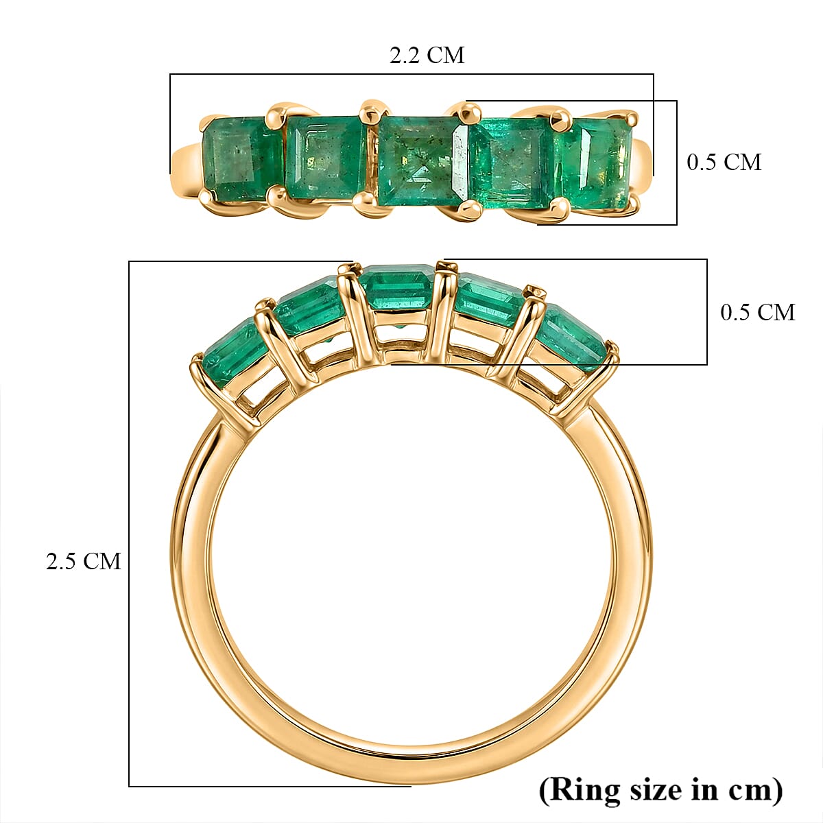 D'Joy - Zambian Emerald 5 Stone Ring in 18K Vermeil Yellow Gold Plated Sterling Silver 1.16 Ct.