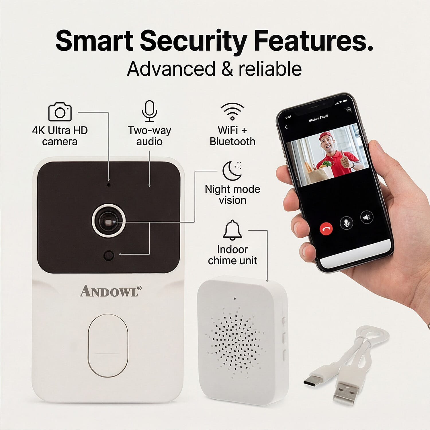 THE INTELLIGENT HOME SECURITY - ULTRA 4K Smart Wireless Video Doorbell With Infrared Detector- White