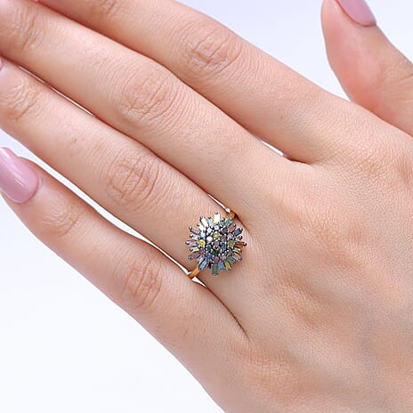 GP Family Legacy Italy - Natural Champagne Diamond With Blue, Green, Red & Yellow Diamond & Blue Sapphire Cluster Floral Ring in 18K Gold Vermeil Sterling Silver 1.00 Ct.