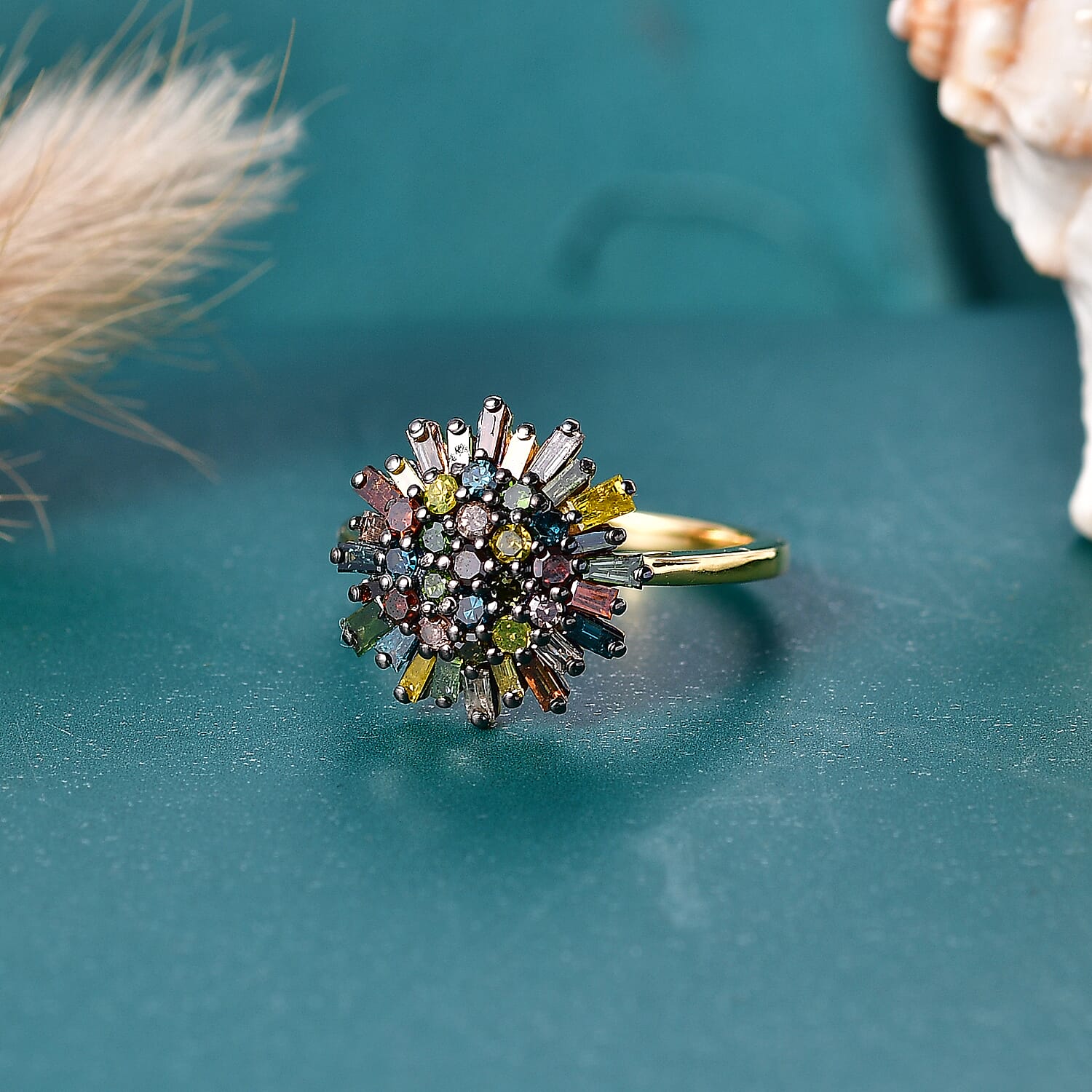GP Family Legacy Italy - Natural Champagne Diamond With Blue, Green, Red & Yellow Diamond & Blue Sapphire Ring in 18K Gold Vermeil Sterling Silver 1.00 Ct.