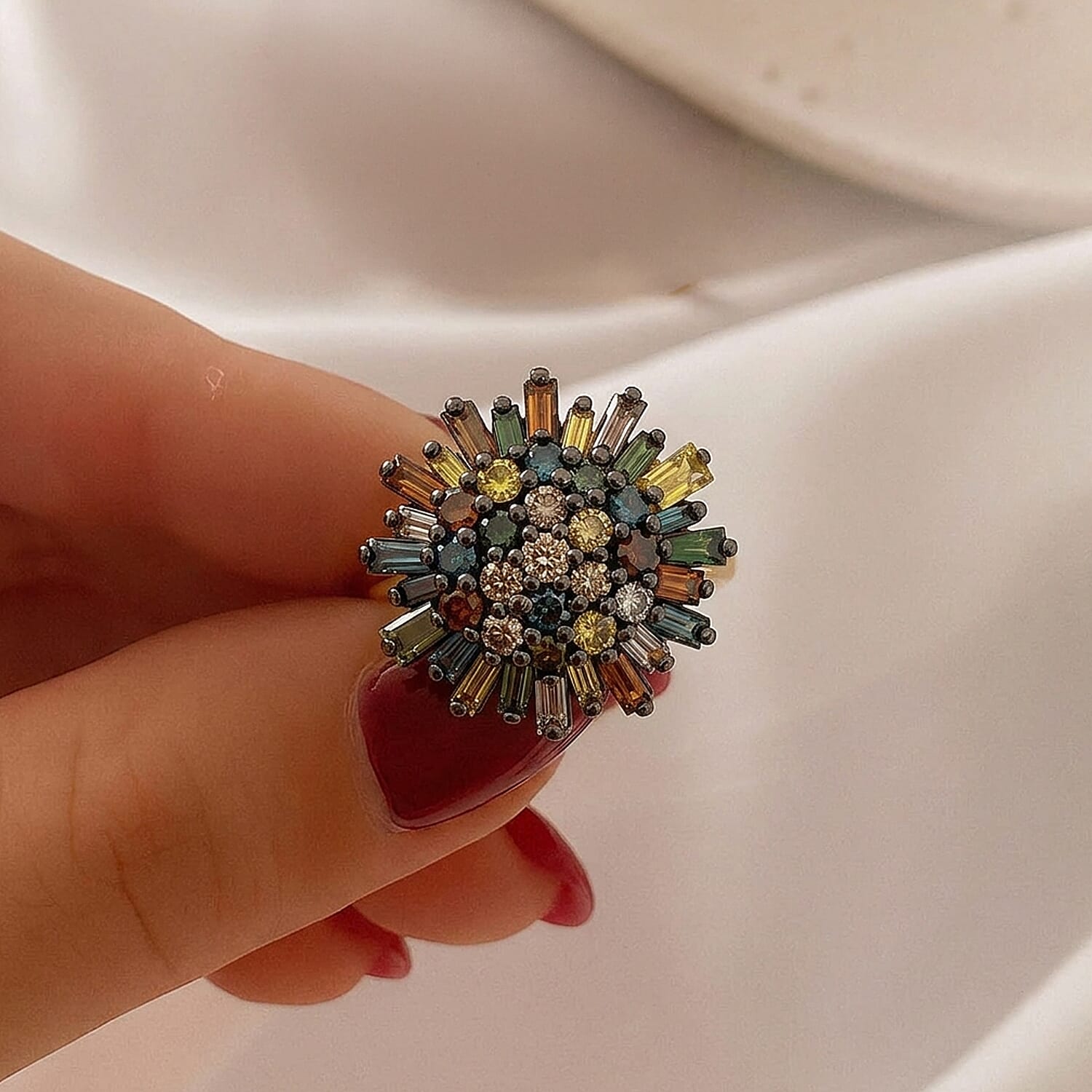 GP Family Legacy Italy - Natural Champagne Diamond With Blue, Green, Red & Yellow Diamond & Blue Sapphire Cluster Floral Ring in 18K Gold Vermeil Sterling Silver 1.00 Ct.