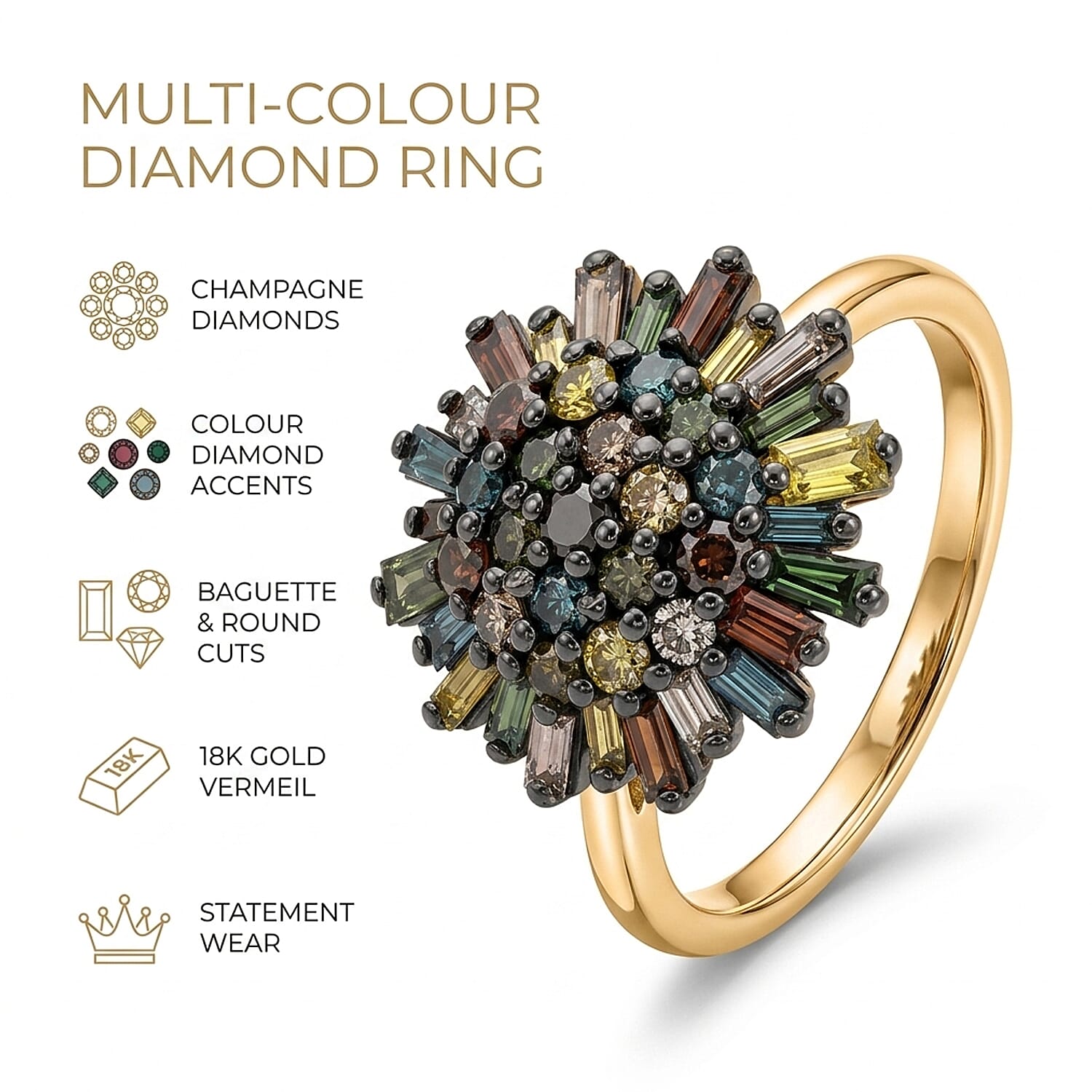 GP Family Legacy Italy - Natural Champagne Diamond With Blue, Green, Red & Yellow Diamond & Blue Sapphire Cluster Floral Ring in 18K Gold Vermeil Sterling Silver 1.00 Ct.