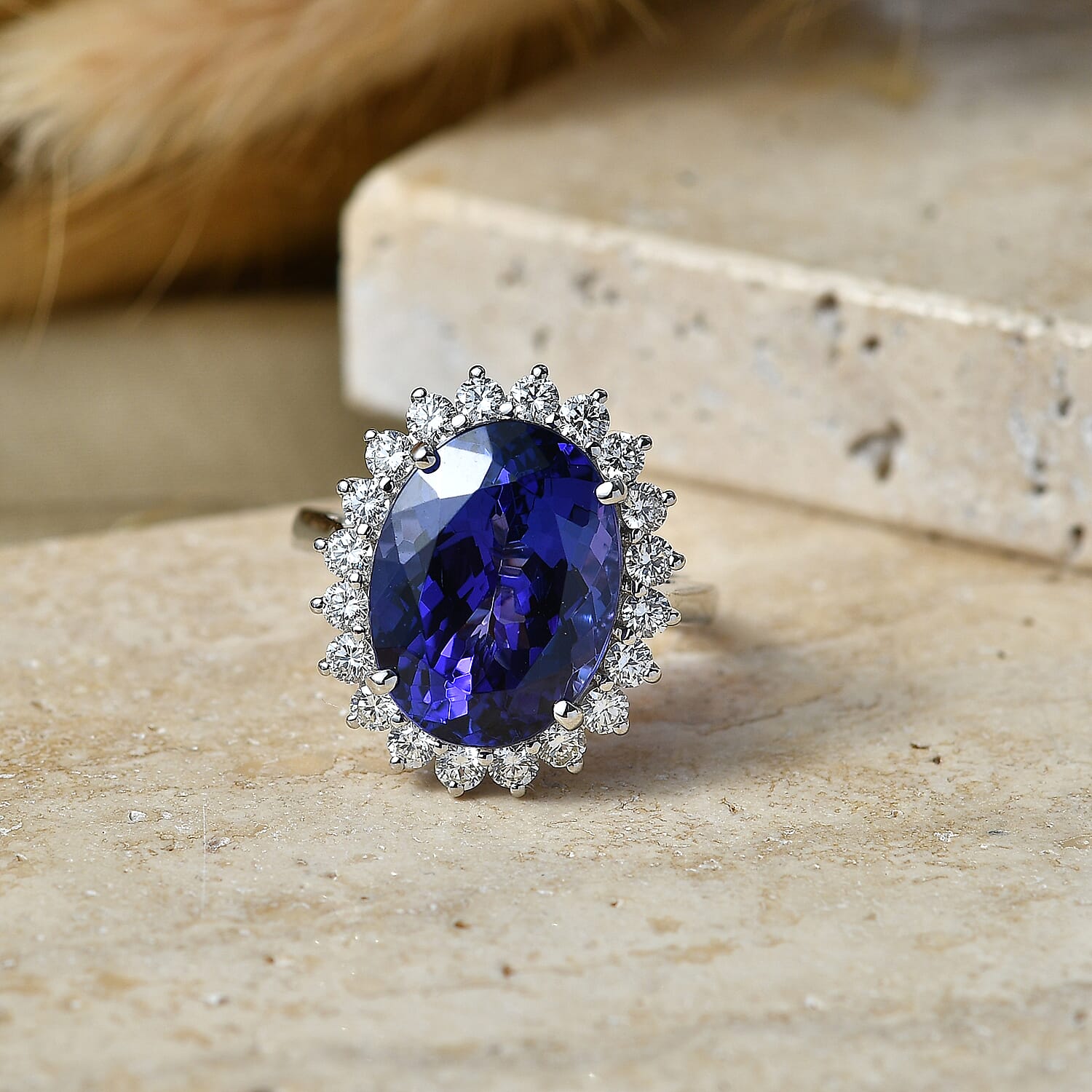 Rhapsody - 950 Platinum AAAA Tanzanite & White Diamond (VS-E-F) Halo Ring 9.86 Ct, Platinum Wt.7.44 Gms