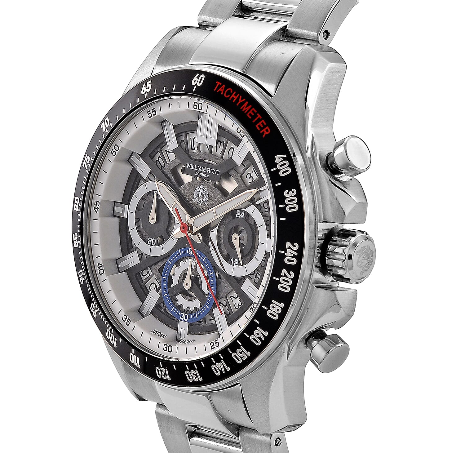 WILLIAM HUNT Seiko VD53 Japan Quartz 5ATM WR Black Dial & Silver Case Mens Watch with Silver Stainless Steel Strap