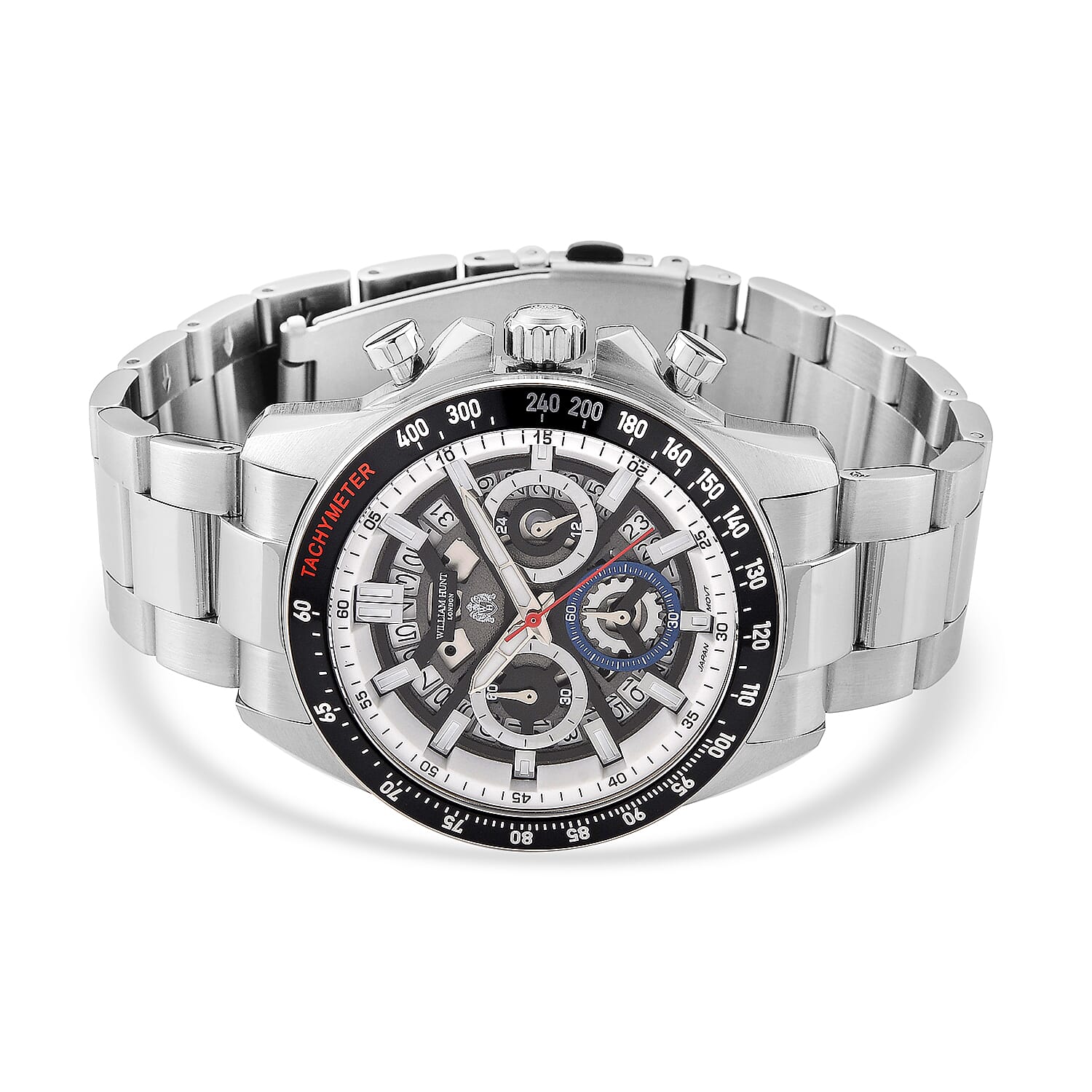 WILLIAM HUNT Seiko VD53 Japan Quartz 5ATM WR Black Dial & Silver Case Mens Watch with Silver Stainless Steel Strap
