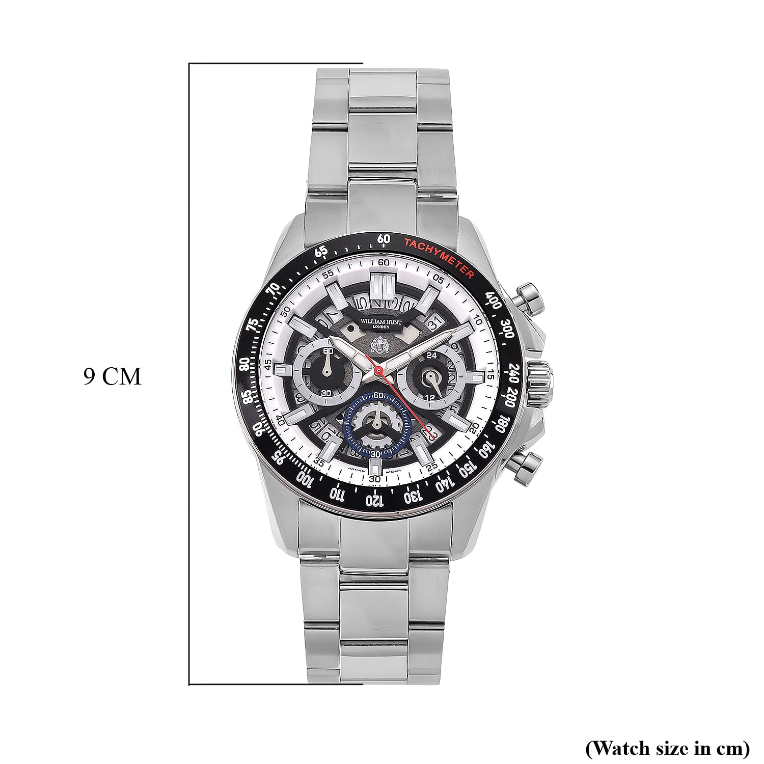 WILLIAM HUNT Seiko VD53 Japan Quartz 5ATM WR Black Dial & Silver Case Mens Watch with Silver Stainless Steel Strap