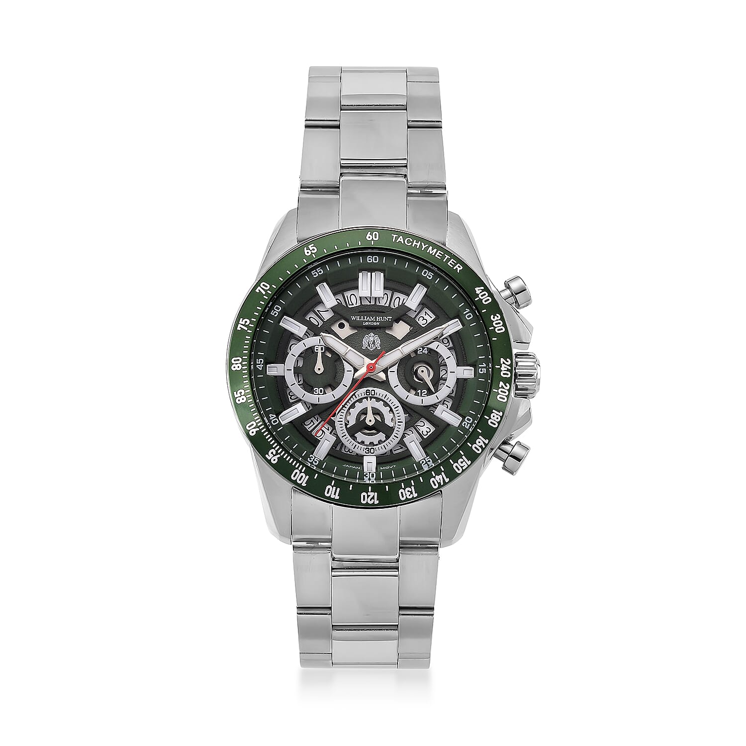 WILLIAM HUNT Seiko VD53 Japan Quartz 5ATM WR Green Dial & Silver Case Mens Watch with Silver Stainless Steel Strap