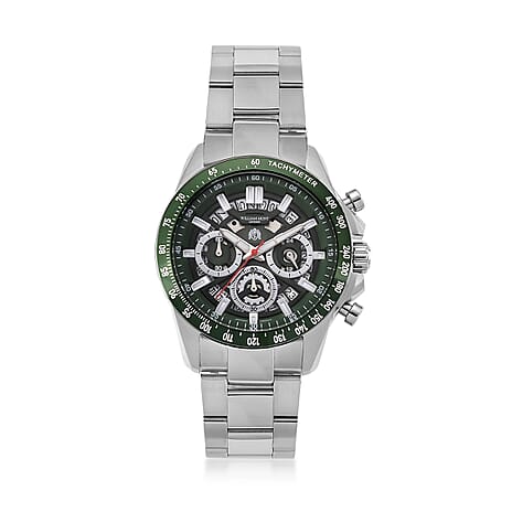 WILLIAM HUNT Seiko VD53 Japan Quartz 5ATM WR Green Dial & Silver Case Mens Watch with Silver Stainless Steel Strap