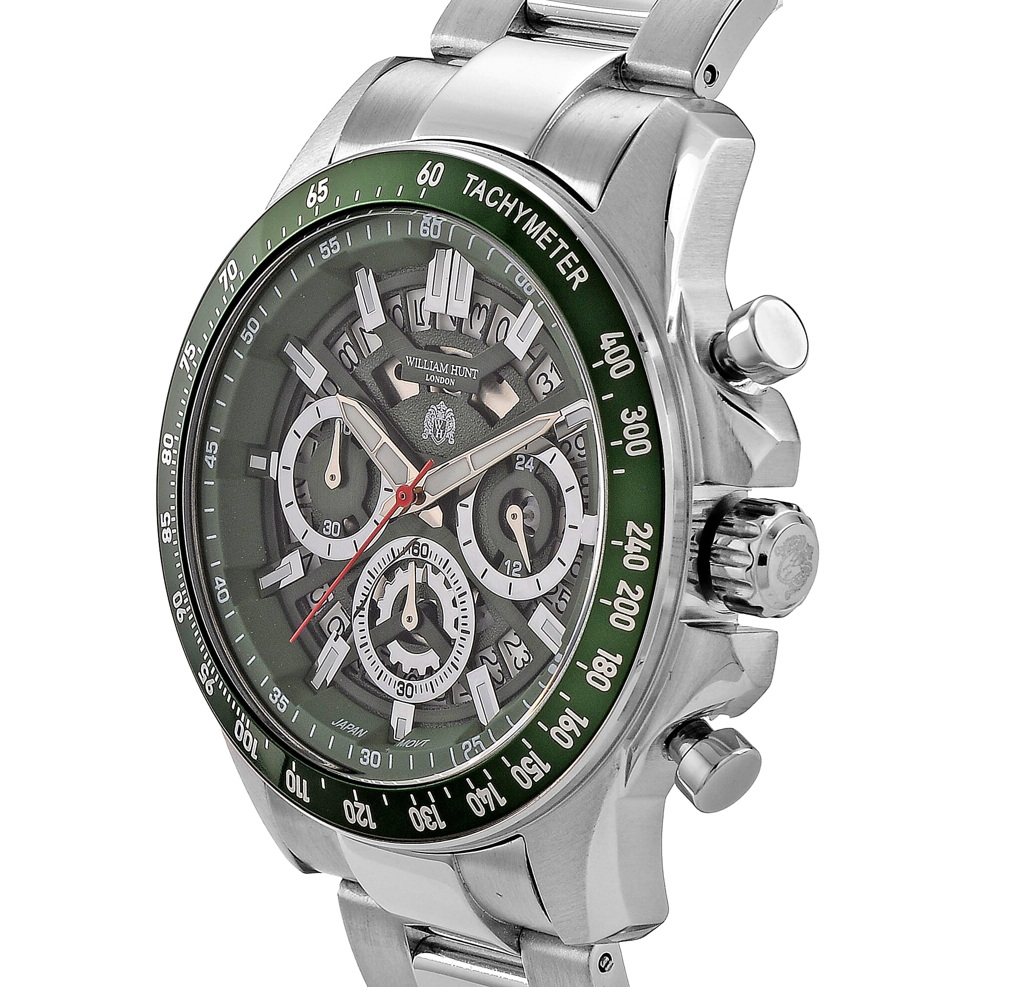 WILLIAM HUNT Seiko VD53 Japan Quartz 5ATM WR Green Dial & Silver Case Mens Watch with Silver Stainless Steel Strap