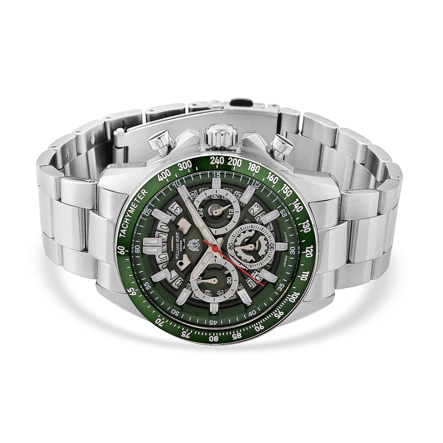 WILLIAM HUNT Seiko VD53 Japan Quartz 5ATM WR Green Dial & Silver Case Mens Watch with Silver Stainless Steel Strap