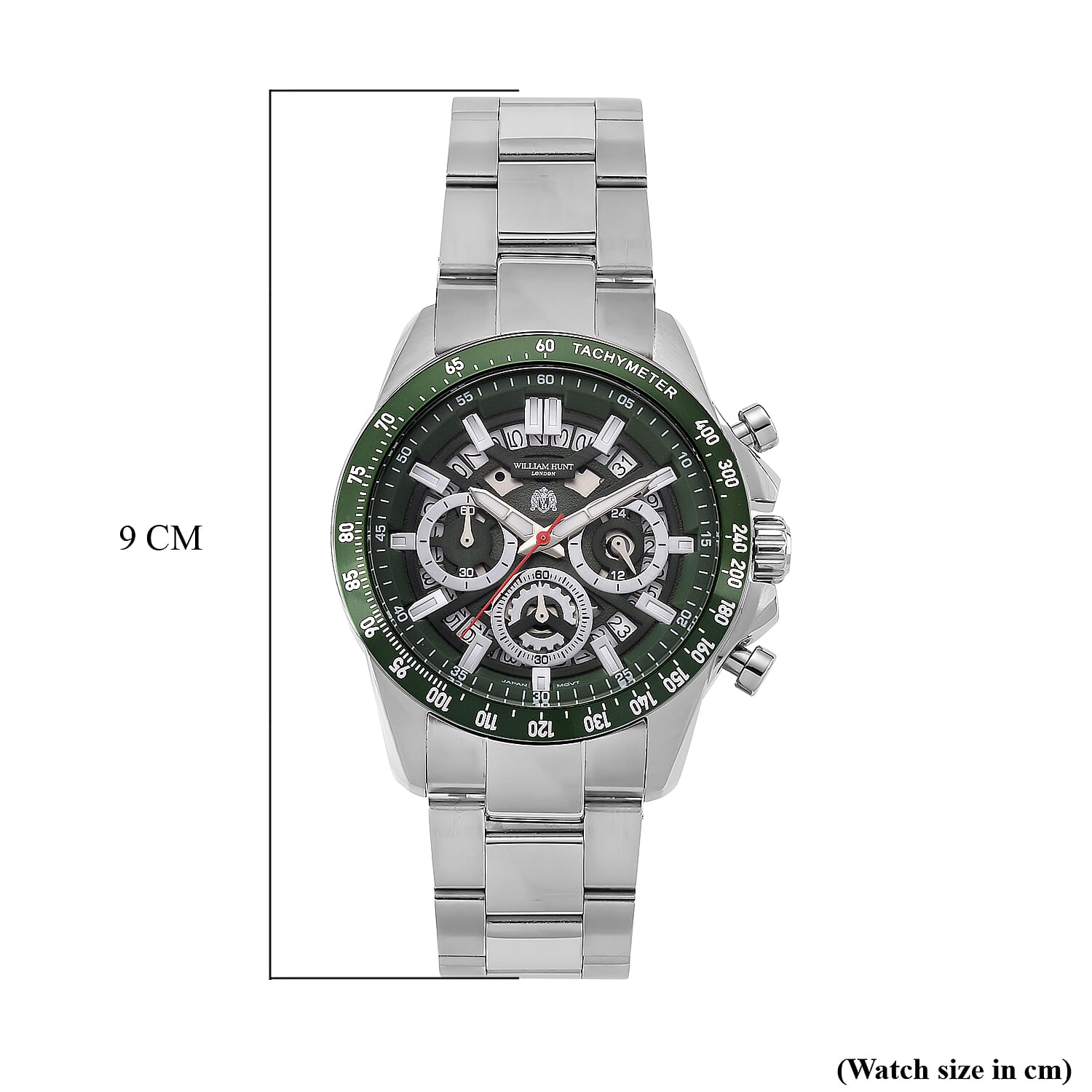 WILLIAM HUNT Seiko VD53 Japan Quartz 5ATM WR Green Dial & Silver Case Mens Watch with Silver Stainless Steel Strap