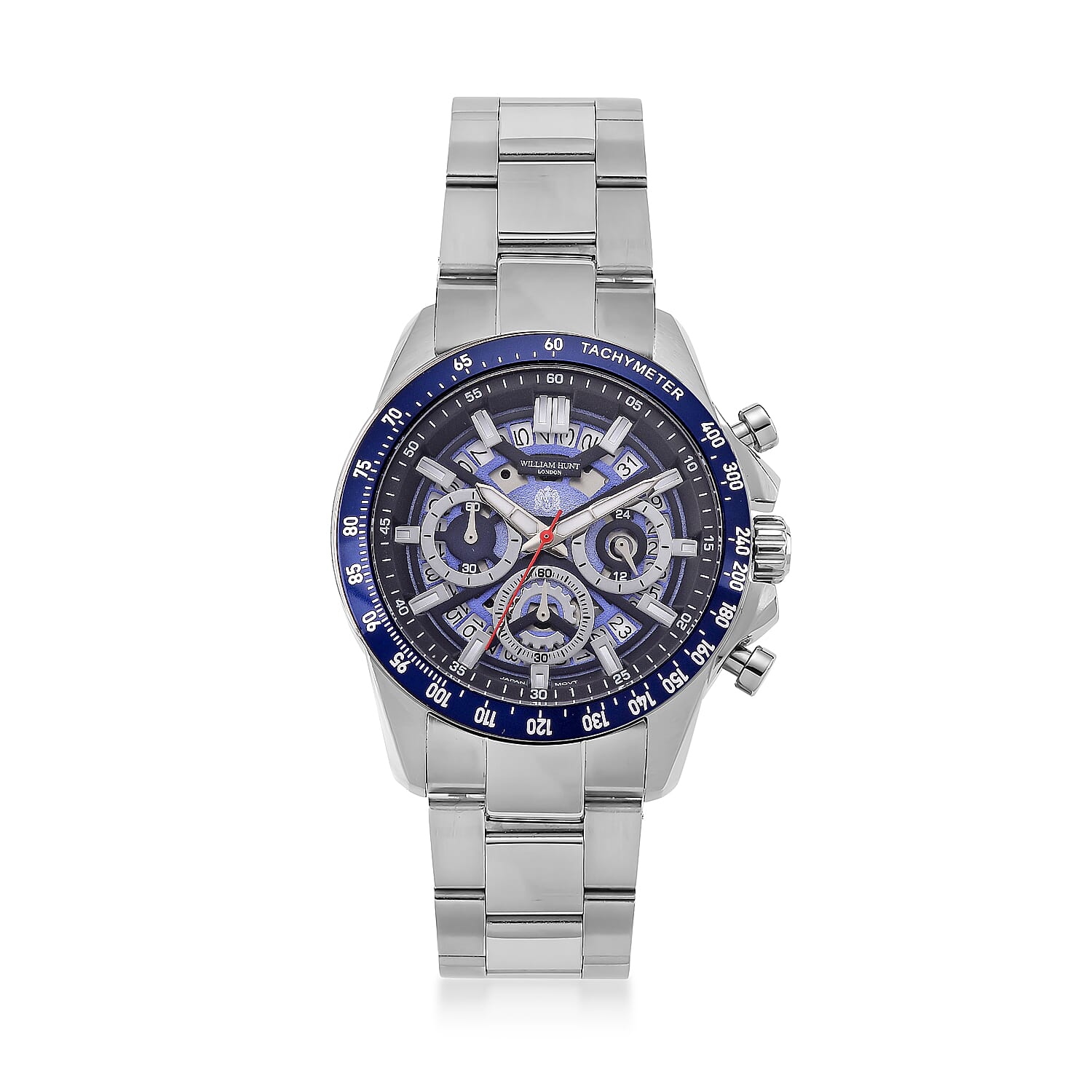 WILLIAM HUNT Seiko VD53 Japan Quartz 5ATM WR Blue Dial & Silver Case Mens Watch with Silver Stainless Steel Strap