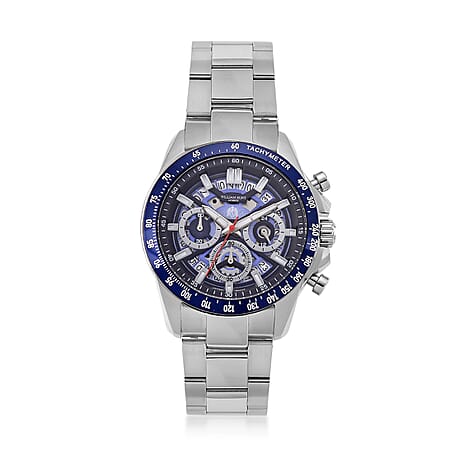WILLIAM HUNT Seiko VD53 Japan Quartz 5ATM WR Blue Dial & Silver Case Mens Watch with Silver Stainless Steel Strap