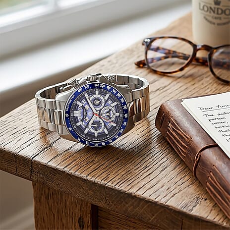 WILLIAM HUNT Seiko VD53 Japan Quartz 5ATM WR Blue Dial & Silver Case Mens Watch with Silver Stainless Steel Strap