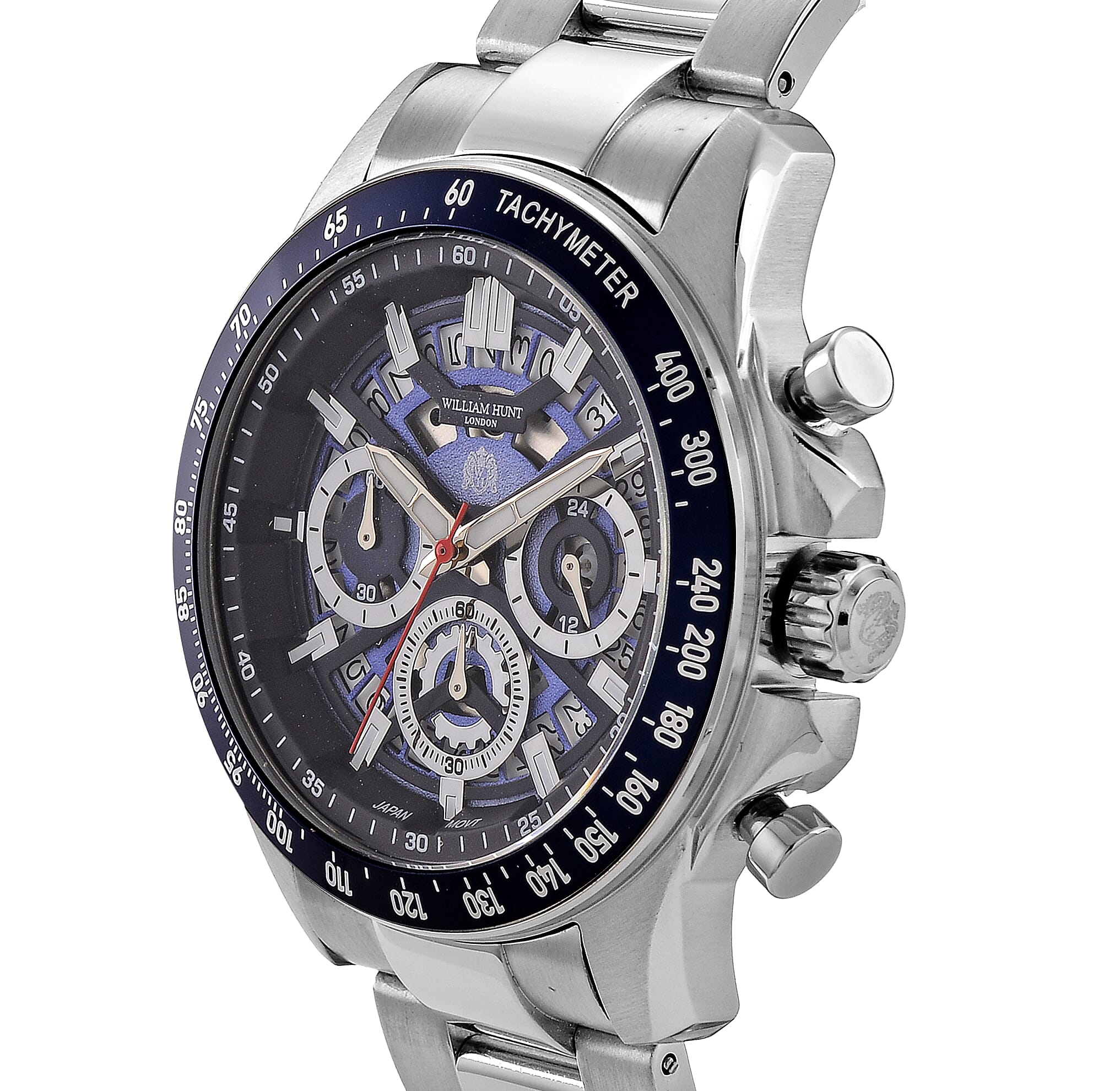 WILLIAM HUNT Seiko VD53 Japan Quartz 5ATM WR Blue Dial & Silver Case Mens Watch with Silver Stainless Steel Strap
