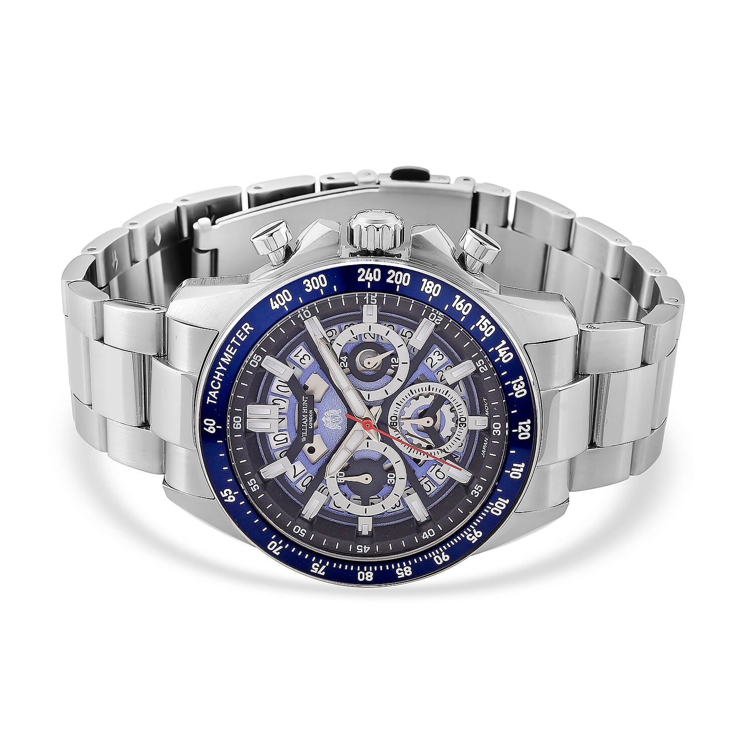 WILLIAM HUNT Seiko VD53 Japan Quartz 5ATM WR Blue Dial & Silver Case Mens Watch with Silver Stainless Steel Strap