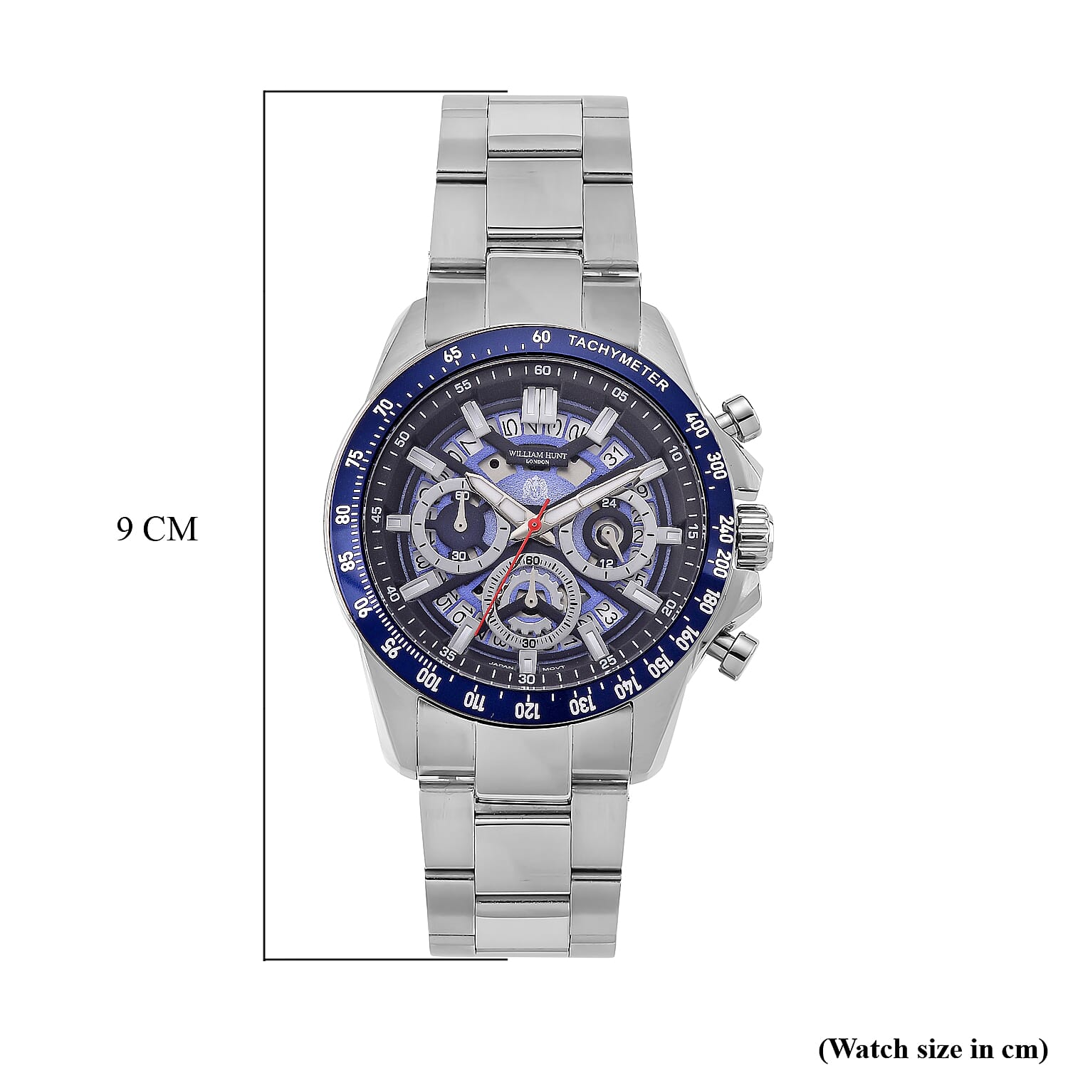 WILLIAM HUNT Seiko VD53 Japan Quartz 5ATM WR Blue Dial & Silver Case Mens Watch with Silver Stainless Steel Strap