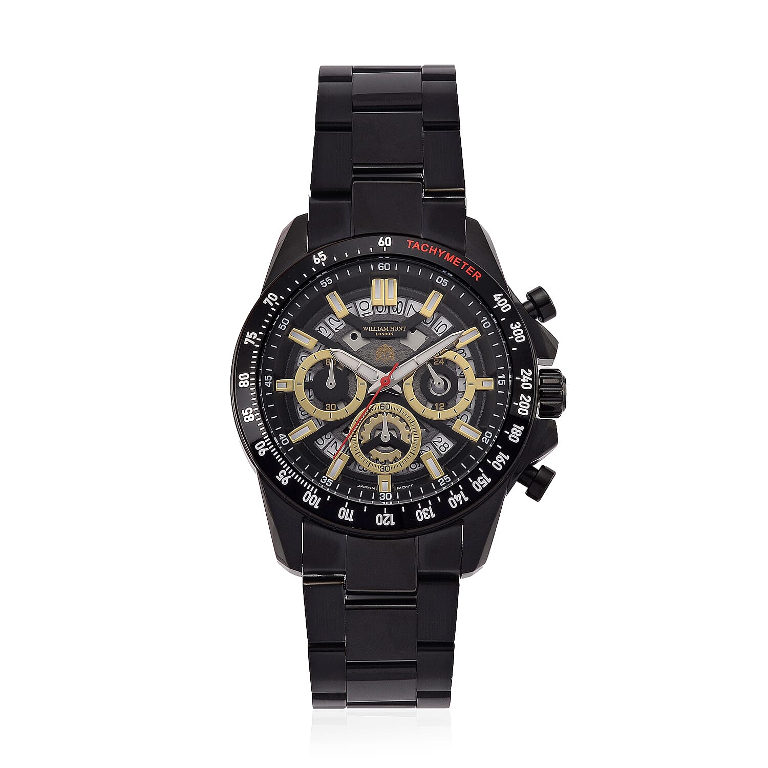 WILLIAM HUNT Seiko VD53 Japan Quartz 5ATM WR Black Dial & Black Case Mens Watch with Black Stainless Steel Strap