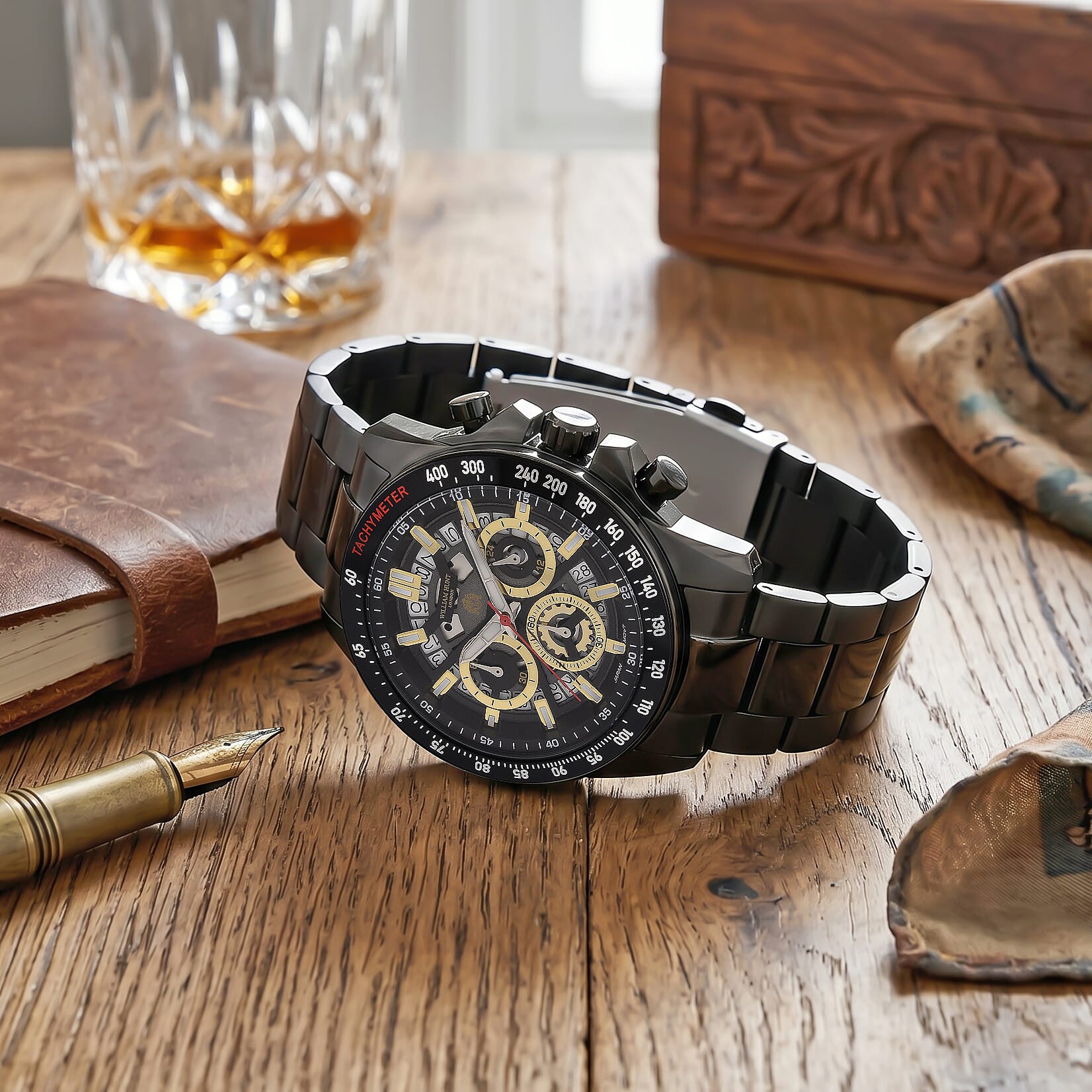 WILLIAM HUNT Seiko VD53 Japan Quartz 5ATM WR Black Dial & Black Case Mens Watch with Black Stainless Steel Strap