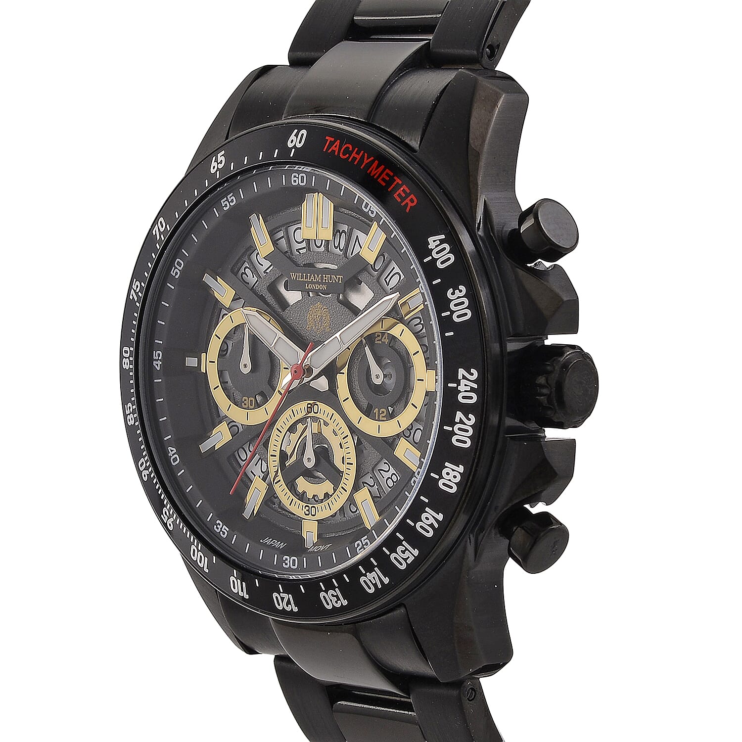WILLIAM HUNT Seiko VD53 Japan Quartz 5ATM WR Black Dial & Black Case Mens Watch with Black Stainless Steel Strap