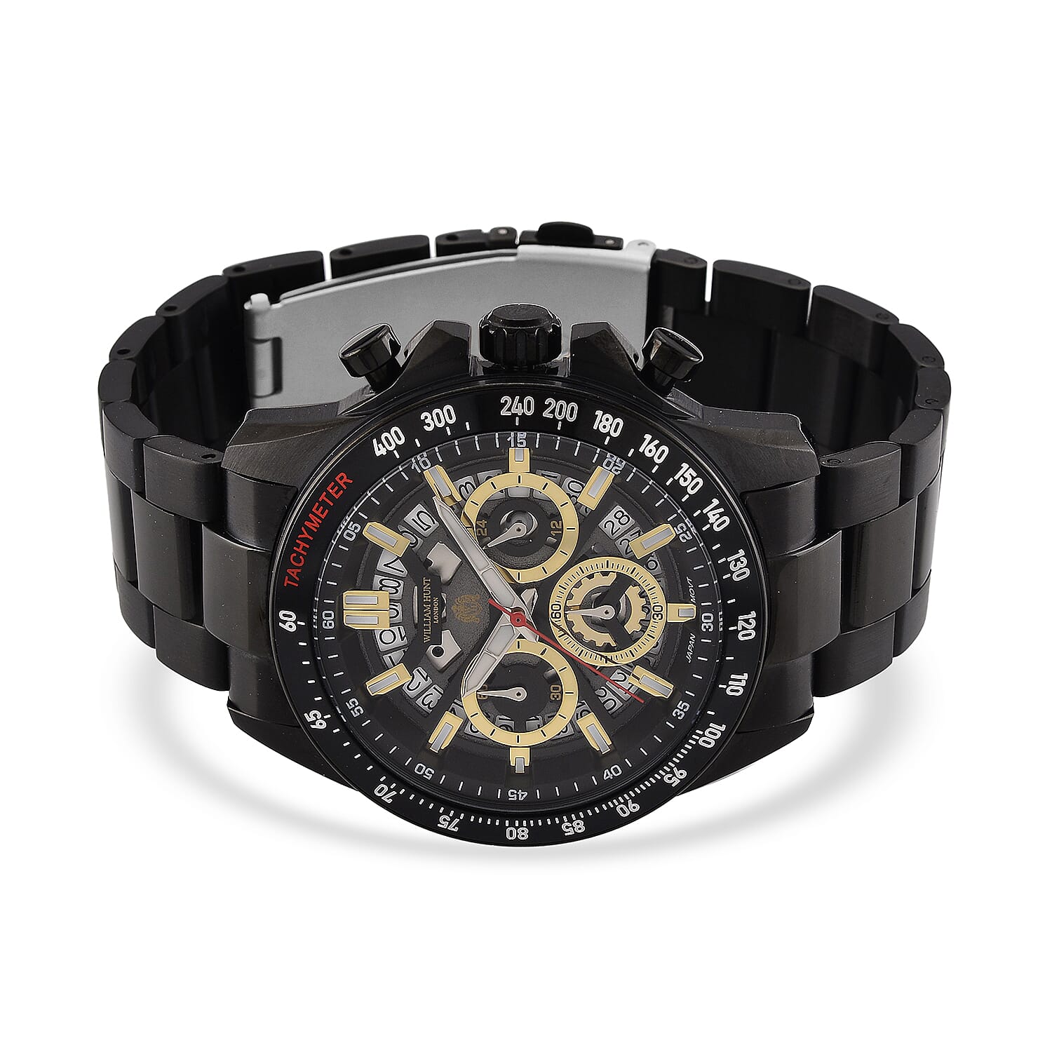 WILLIAM HUNT Seiko VD53 Japan Quartz 5ATM WR Black Dial & Black Case Mens Watch with Black Stainless Steel Strap
