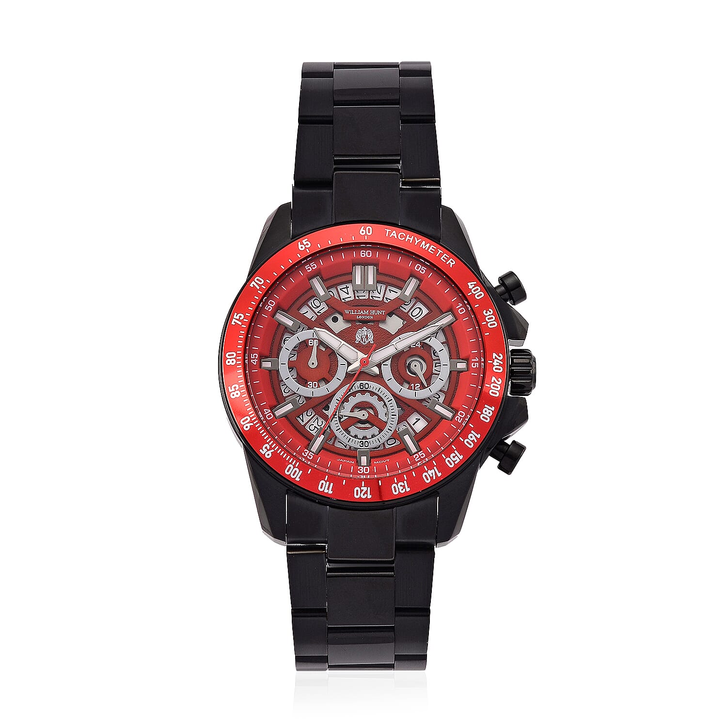 WILLIAM HUNT Seiko VD53 Japan Quartz 5ATM WR Red Dial & Black Case Mens Watch with Black Stainless Steel Strap
