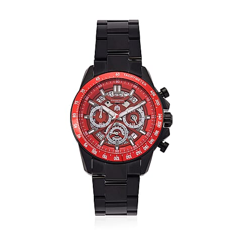 WILLIAM HUNT Seiko VD53 Japan Quartz 5ATM WR Red Dial & Black Case Mens Watch with Black Stainless Steel Strap