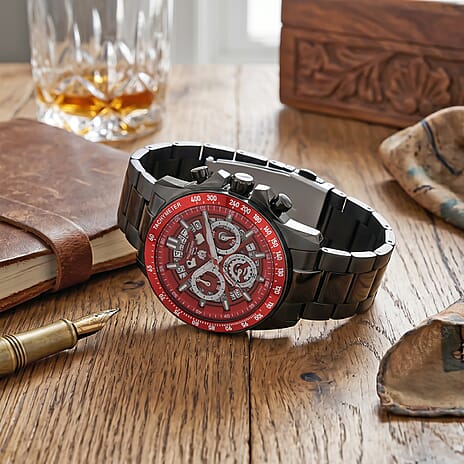 WILLIAM HUNT Seiko VD53 Japan Quartz 5ATM WR Red Dial & Black Case Mens Watch with Black Stainless Steel Strap