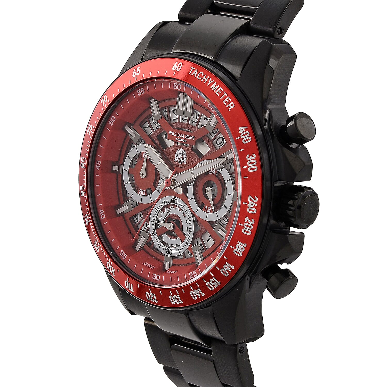 WILLIAM HUNT Seiko VD53 Japan Quartz 5ATM WR Red Dial & Black Case Mens Watch with Black Stainless Steel Strap