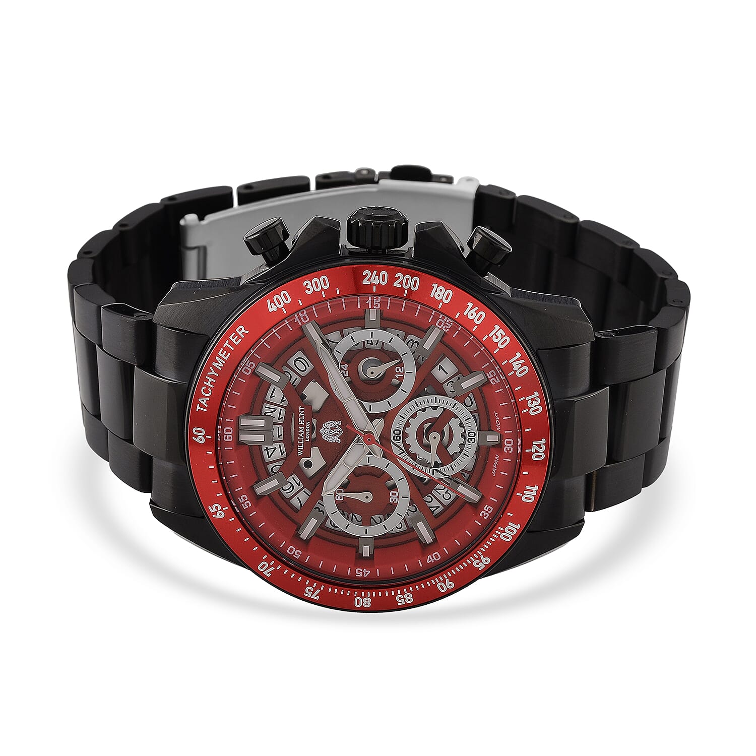 WILLIAM HUNT Seiko VD53 Japan Quartz 5ATM WR Red Dial & Black Case Mens Watch with Black Stainless Steel Strap